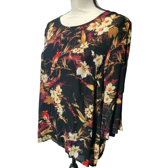 J. Jill Womens Sz S Floral Bird Patterned Rayon Blouse Keyhole Back 3/4 Sleeves - Picture 4 of 10